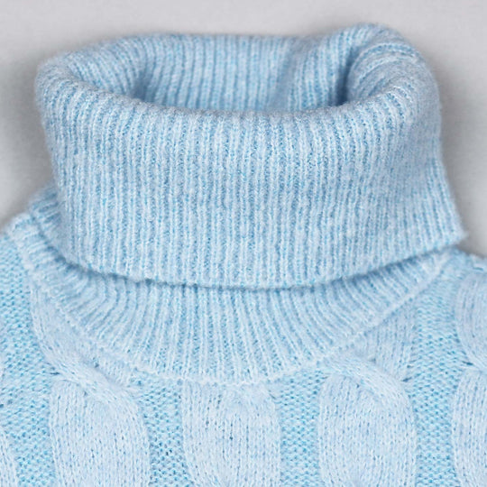 Azure Blue Wool Cable Knit Roll Neck Sweater