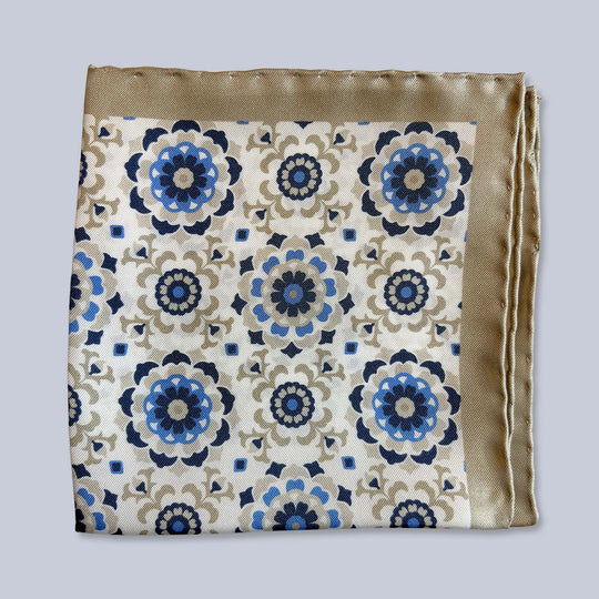 Beige Blue Flower Silk Pocket Square