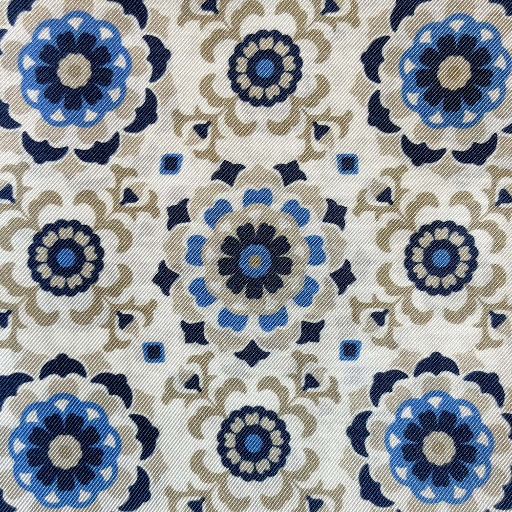 Beige Blue Flower Silk Pocket Square