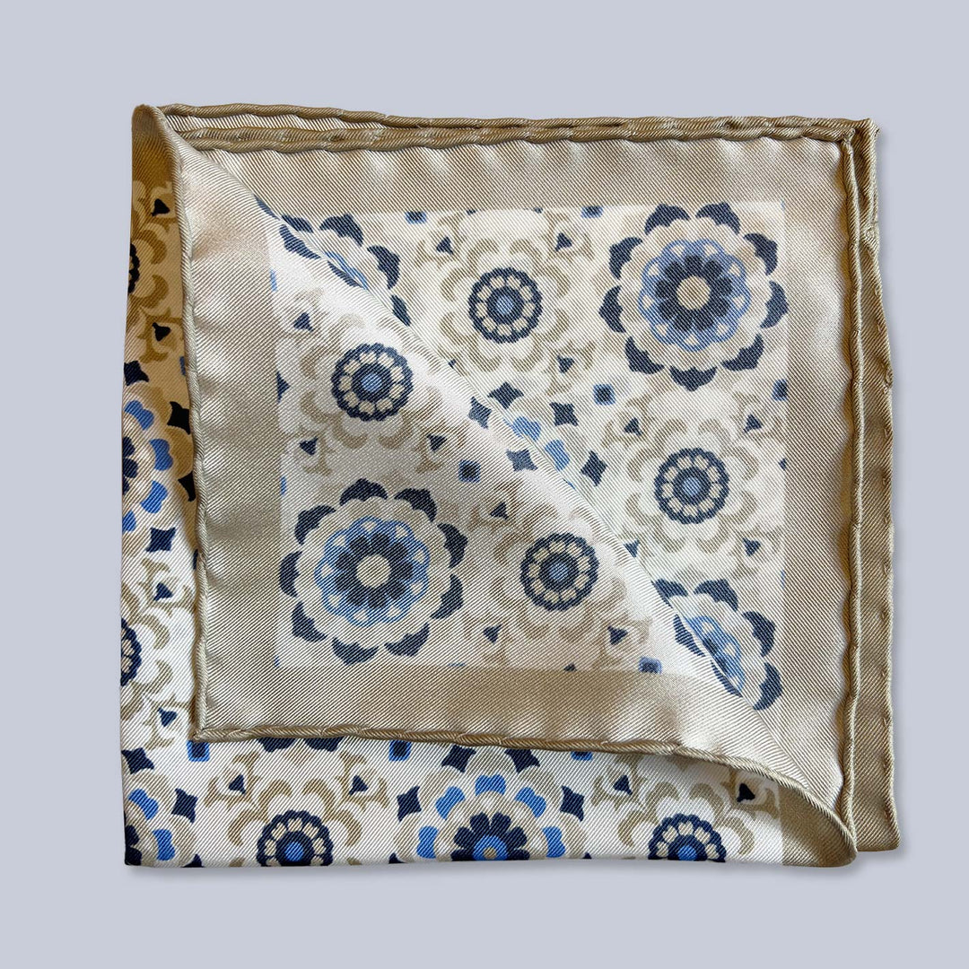 Beige Blue Flower Silk Pocket Square