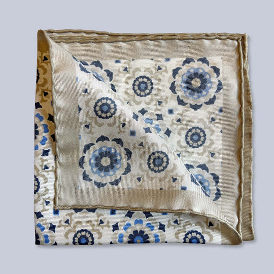 Beige Blue Flower Silk Pocket Square