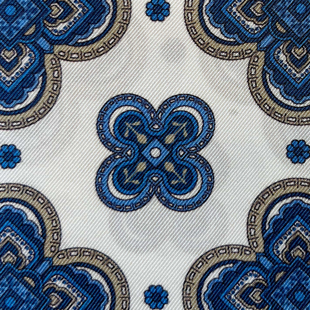 Beige Blue Patterned Silk Pocket Square