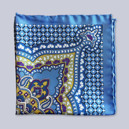 Blue Yellow Purple Patterned Silk Pocket Square