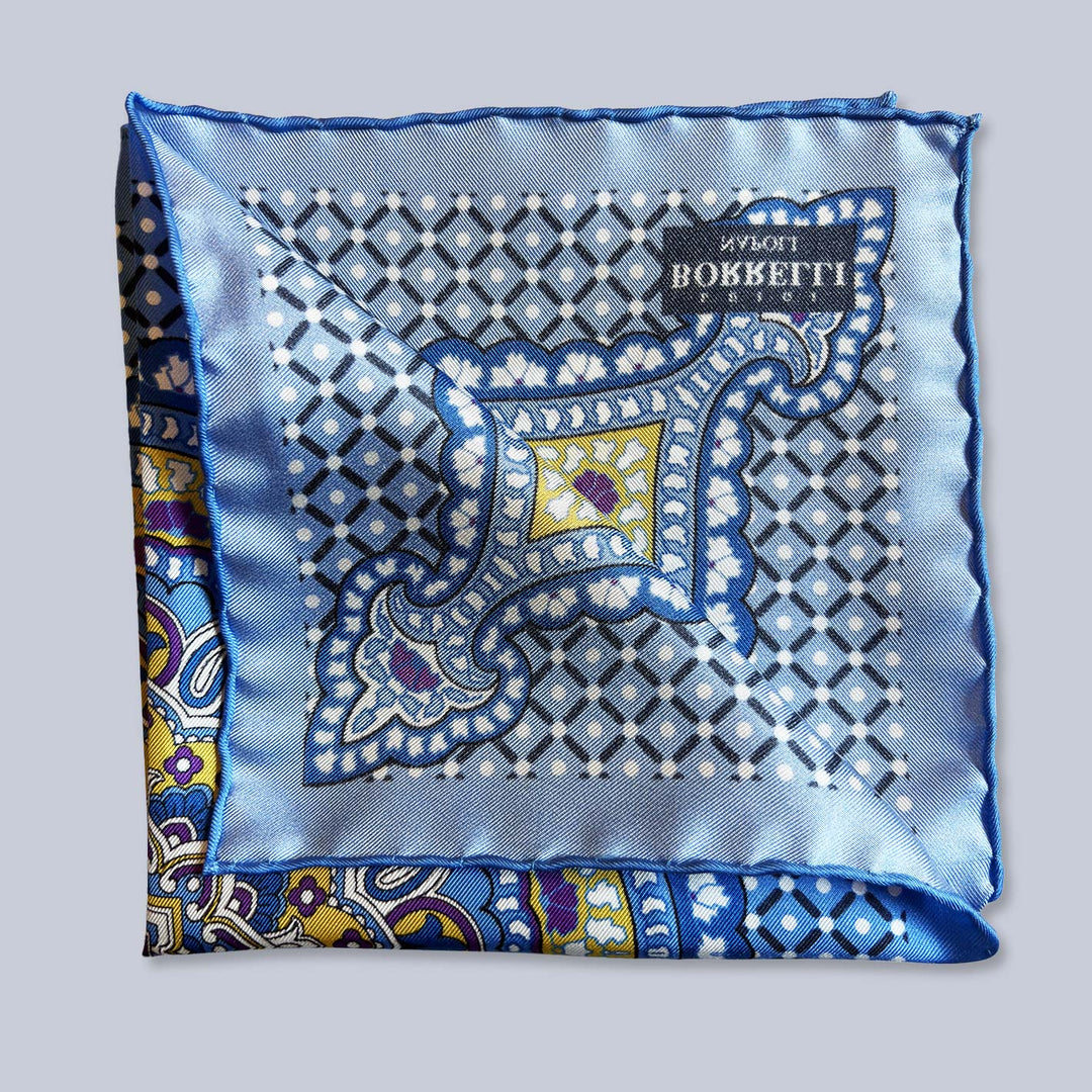 Blue Yellow Purple Patterned Silk Pocket Square