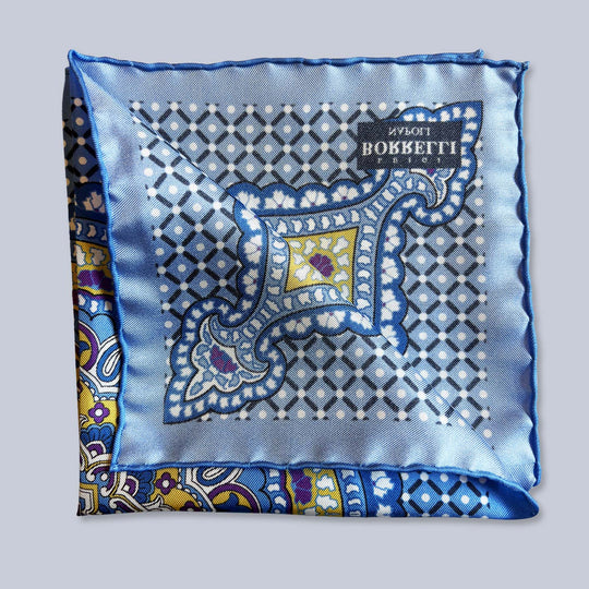 Blue Yellow Purple Patterned Silk Pocket Square