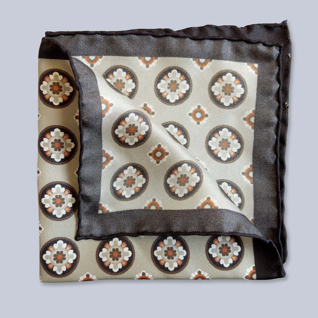 Brown Beige Orange Patterned Silk Pocket Square