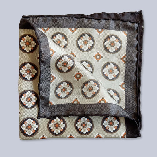 Brown Beige Orange Patterned Silk Pocket Square