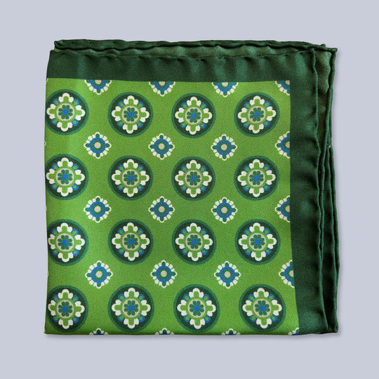 Green Blue White Patterned Silk Pocket Square