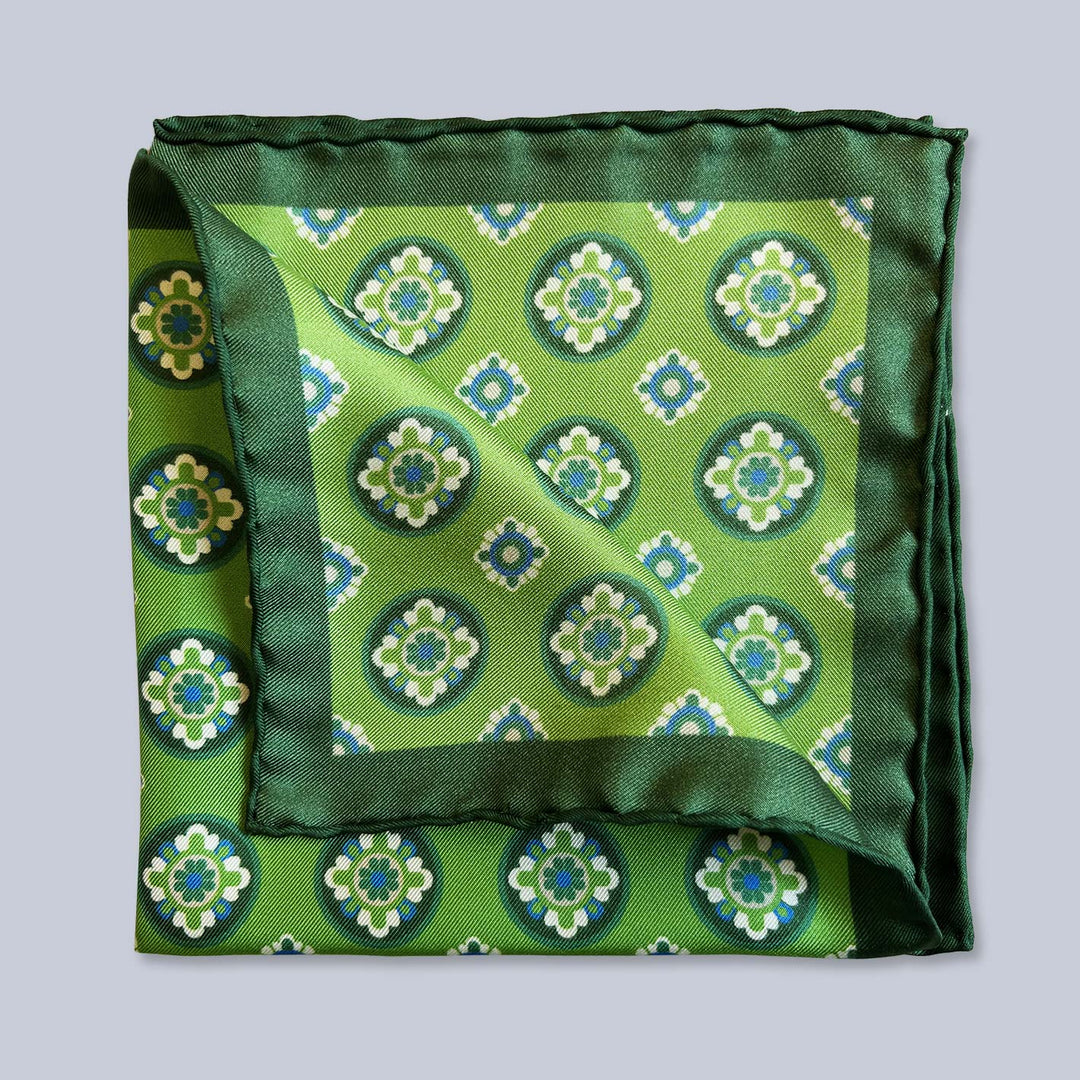 Green Blue White Patterned Silk Pocket Square