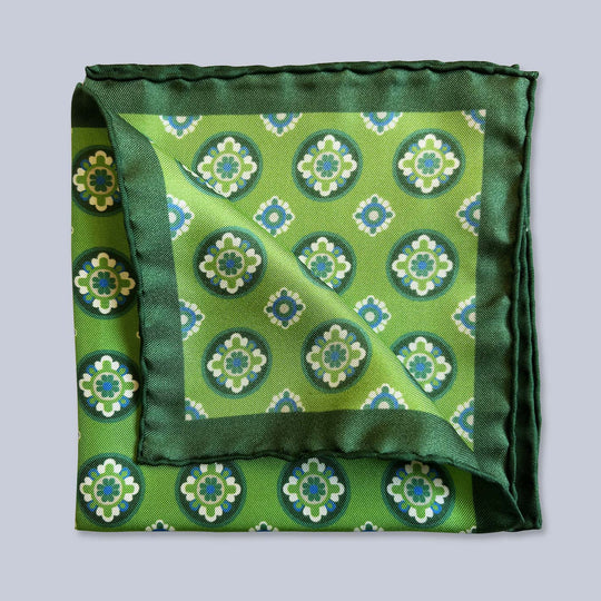 Green Blue White Patterned Silk Pocket Square