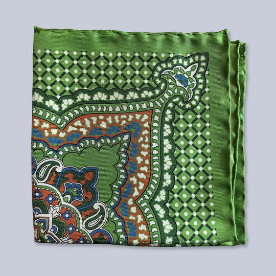 Green Orange Blue Patterned Silk Pocket Square