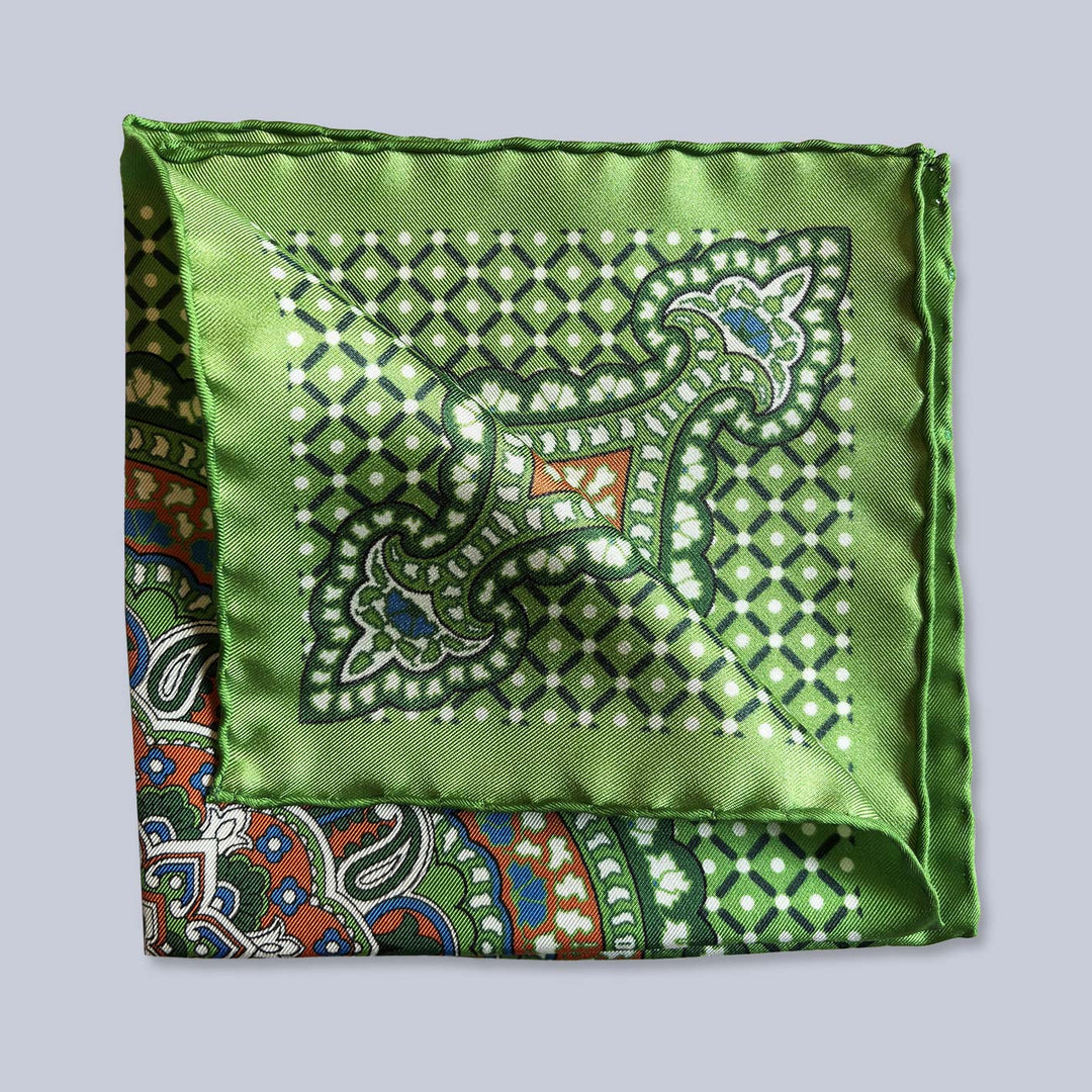 Green Orange Blue Patterned Silk Pocket Square