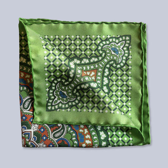 Green Orange Blue Patterned Silk Pocket Square