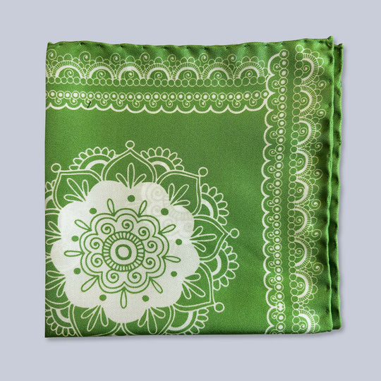 Green White Patterned Silk Pocket Square