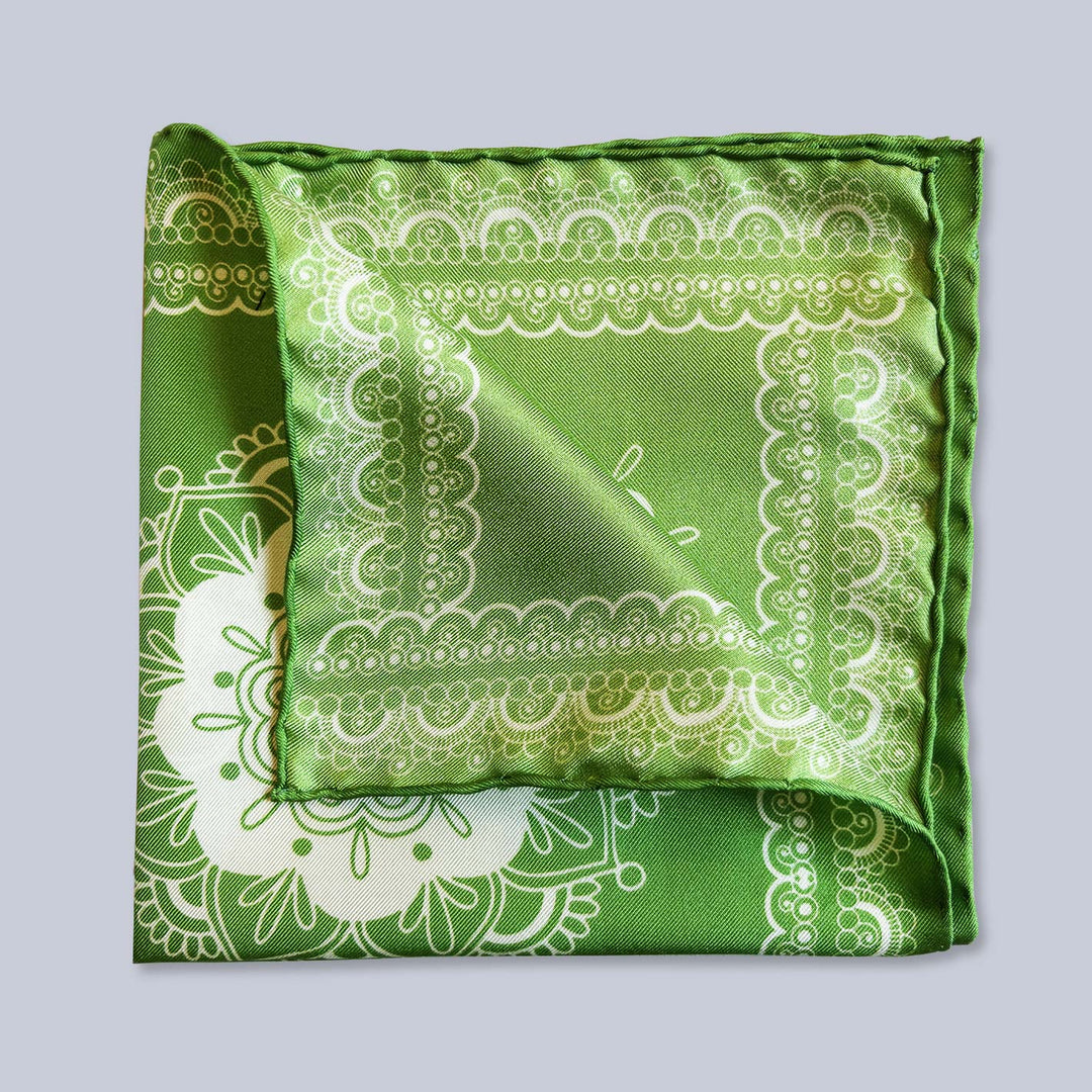 Green White Patterned Silk Pocket Square