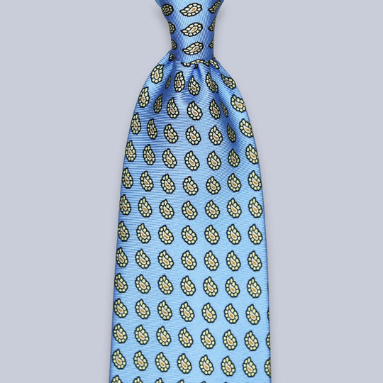 Sky Blue Yellow Paisley Silk Tie