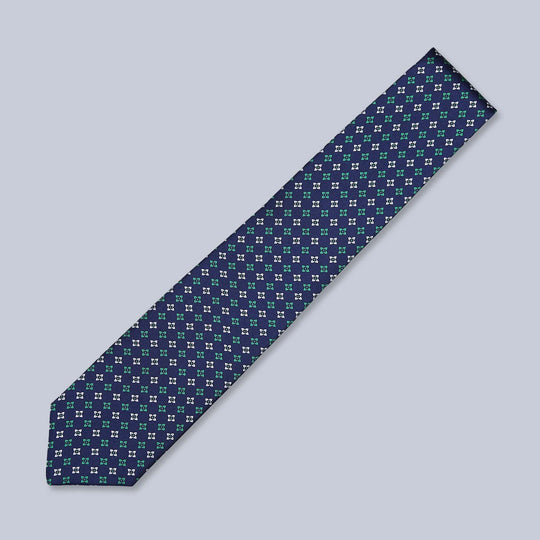 Navy Green White Geometric Silk Tie