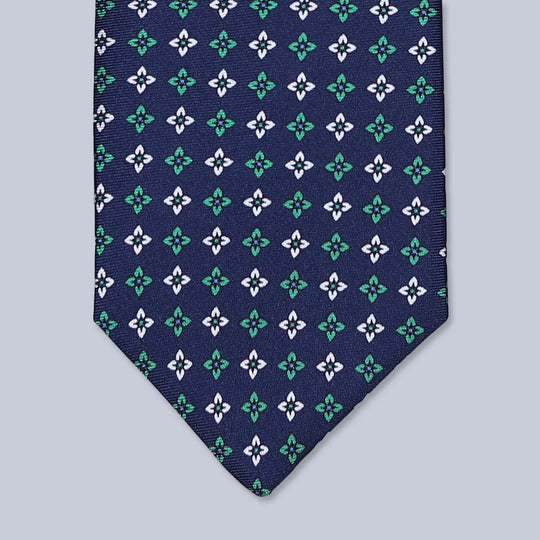 Navy Green White Geometric Silk Tie