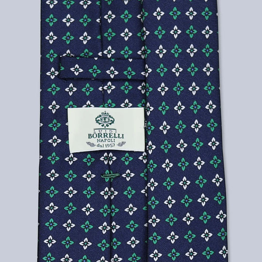 Navy Green White Geometric Silk Tie