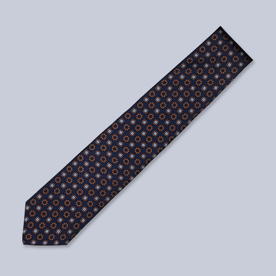 Navy Orange Blue Patterned Silk Tie