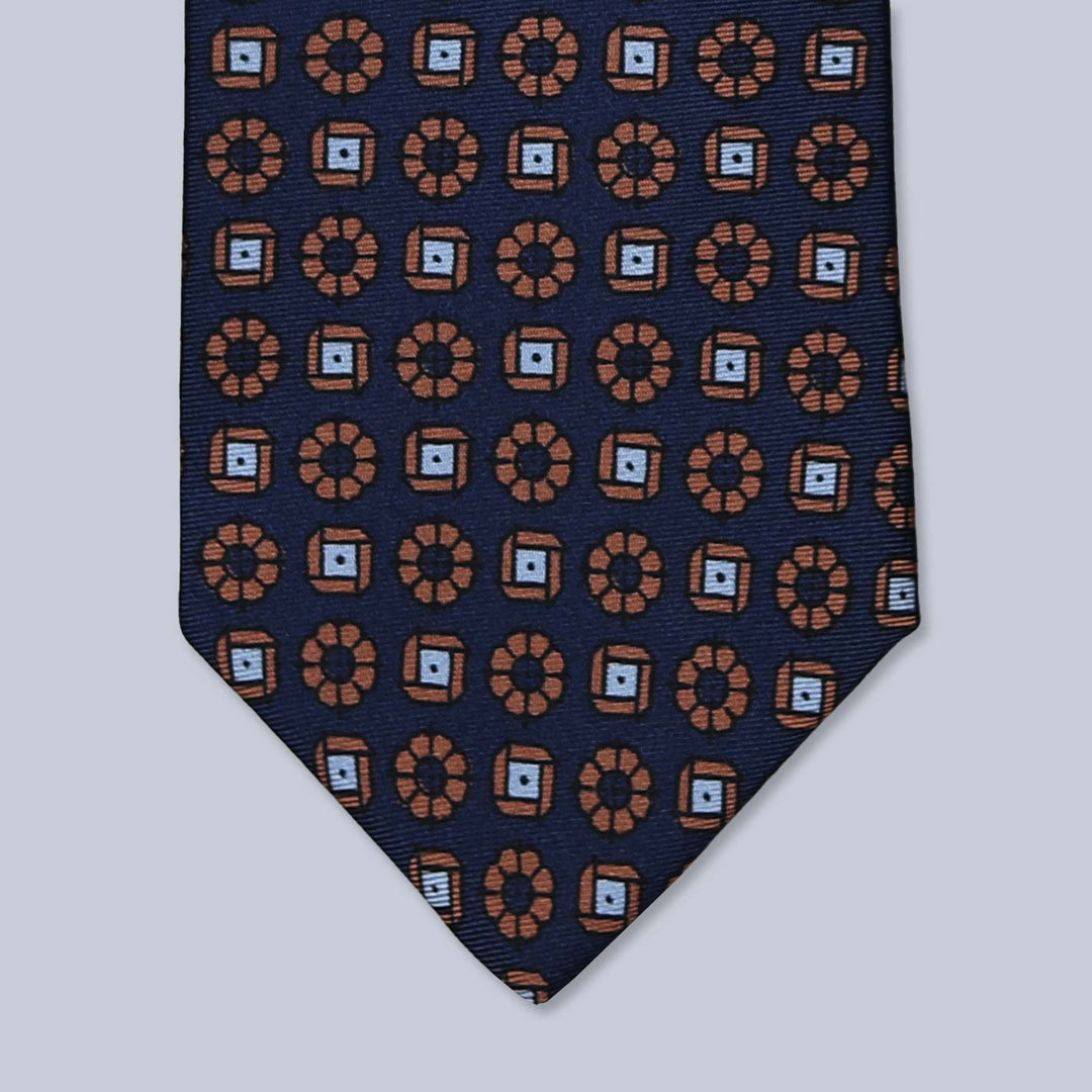 Navy Orange Blue Patterned Silk Tie