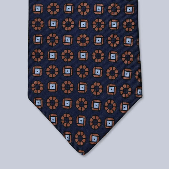 Navy Orange Blue Patterned Silk Tie