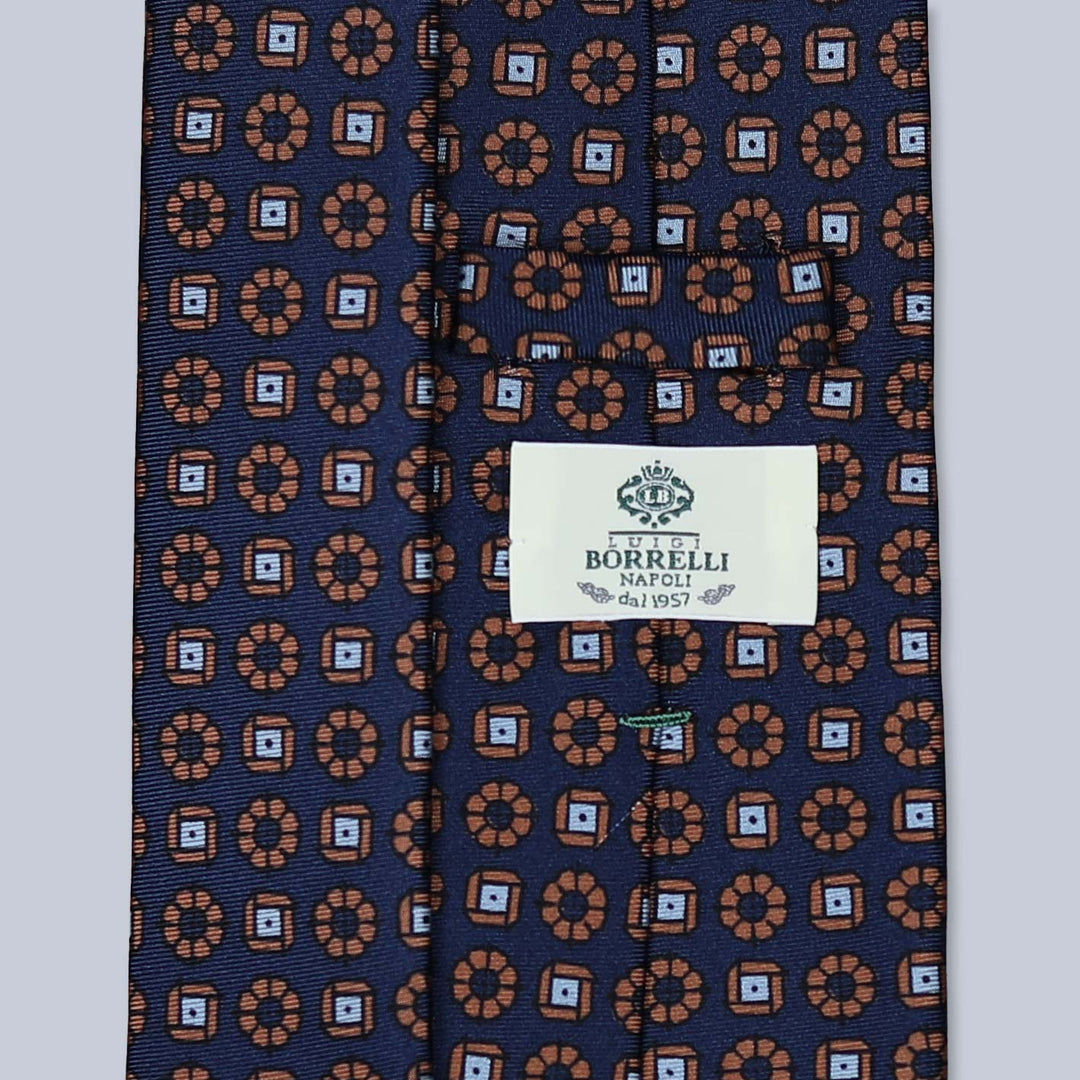 Navy Orange Blue Patterned Silk Tie