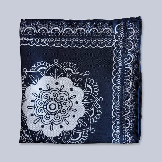 Navy White Patterned Silk Pocket Square
