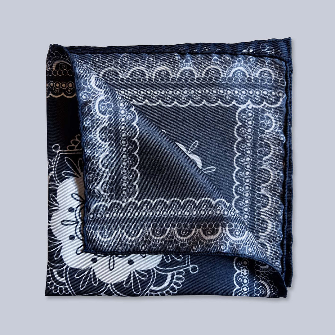 Navy White Patterned Silk Pocket Square