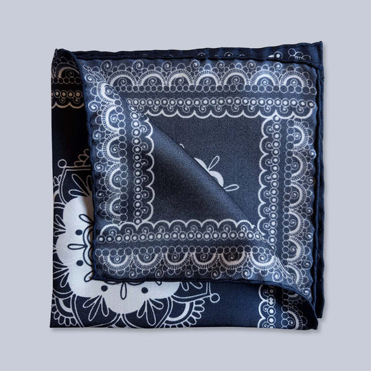 Navy White Patterned Silk Pocket Square