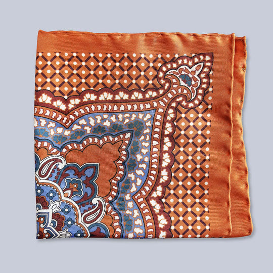 Orange Blue Burgundy Patterned Silk Pocket Square