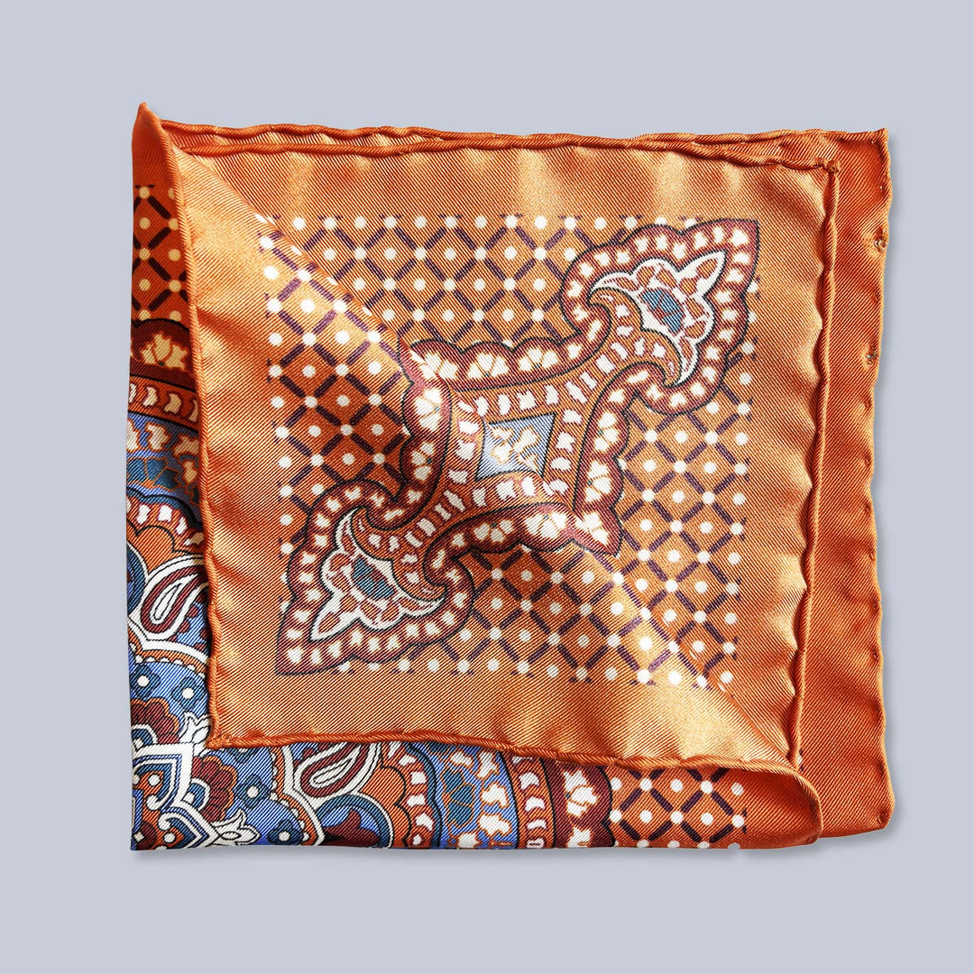 Orange Blue Burgundy Patterned Silk Pocket Square