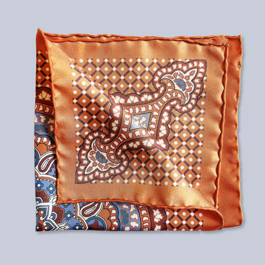 Orange Blue Burgundy Patterned Silk Pocket Square