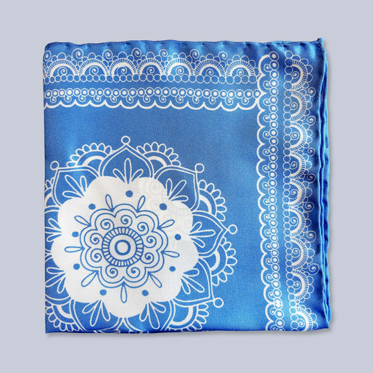 Sky Blue White Patterned Silk Pocket Square