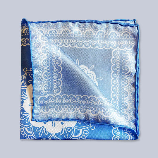 Sky Blue White Patterned Silk Pocket Square