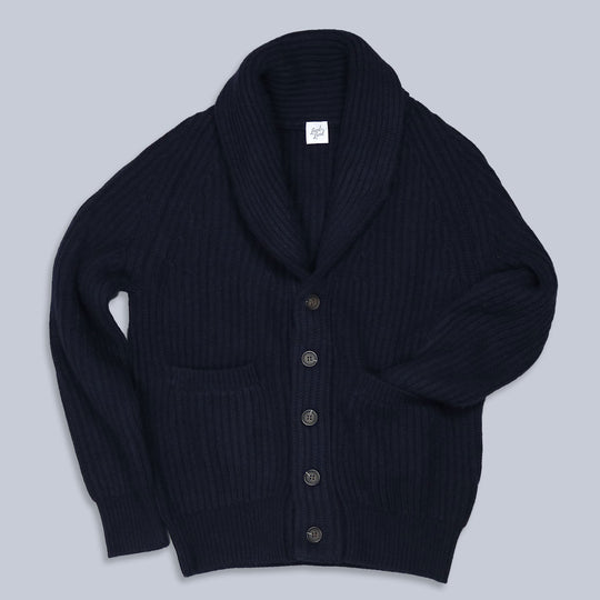 Navy Heavy Knitted Cashmere Shawl Collar Cardigan