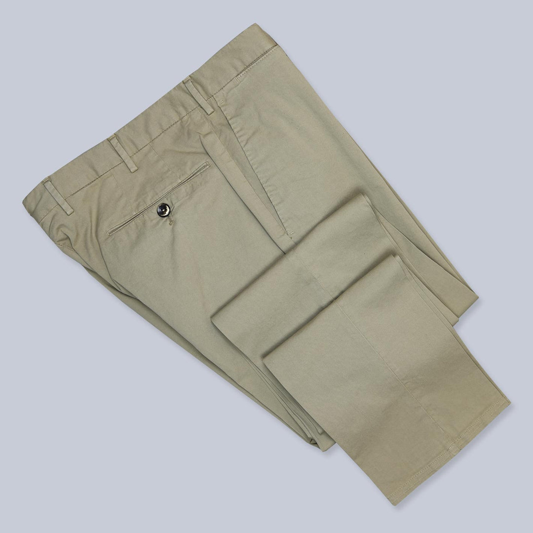 Beige Washed Cotton Slim Fit Trousers