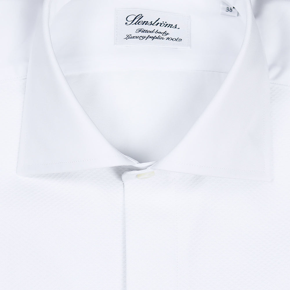White Pique Front Fitted Body Tuxedo Shirt