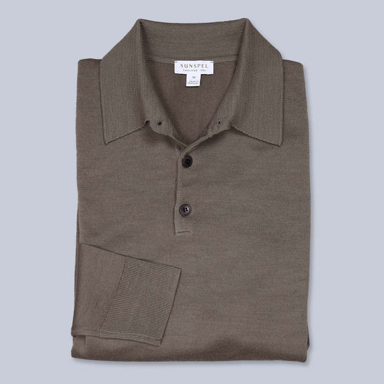 Brown Taupe Merino Long Sleeve Polo Shirt