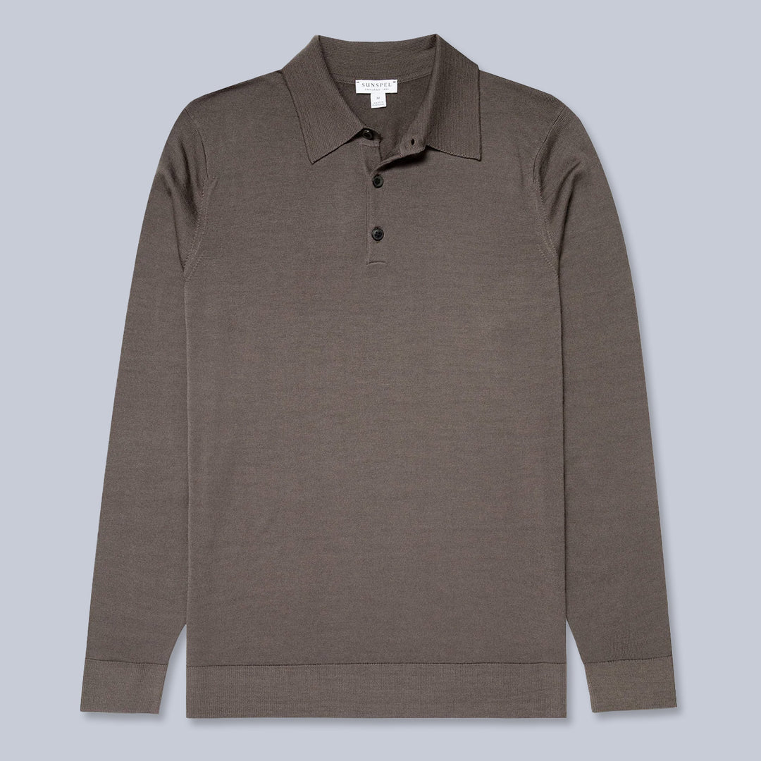 Brown Taupe Merino Long Sleeve Polo Shirt