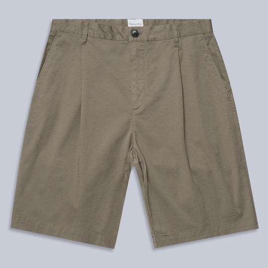 Dark Khaki Twill Cotton Pleated Shorts