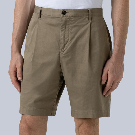 Dark Khaki Twill Cotton Pleated Shorts