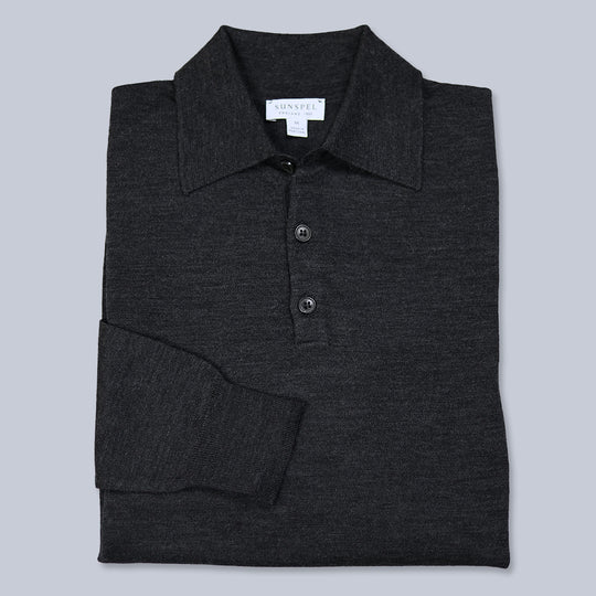 Charcoal Merino Long Sleeve Polo Shirt