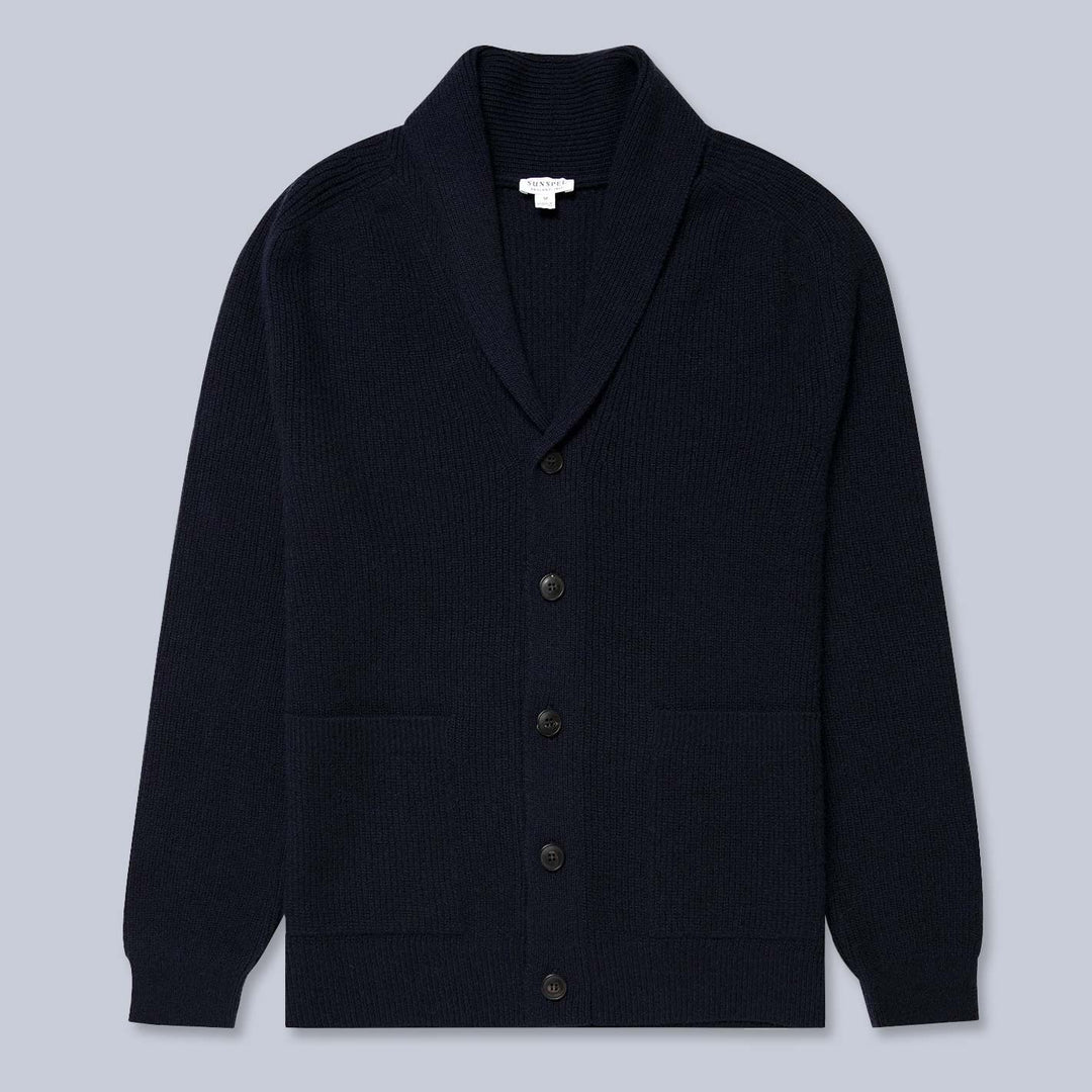 Navy Lambswool Cashmere Shawl Collar Cardigan