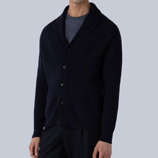 Navy Lambswool Cashmere Shawl Collar Cardigan