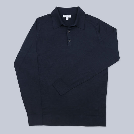 Navy Merino Long Sleeve Polo Shirt