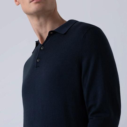 Navy Merino Long Sleeve Polo Shirt