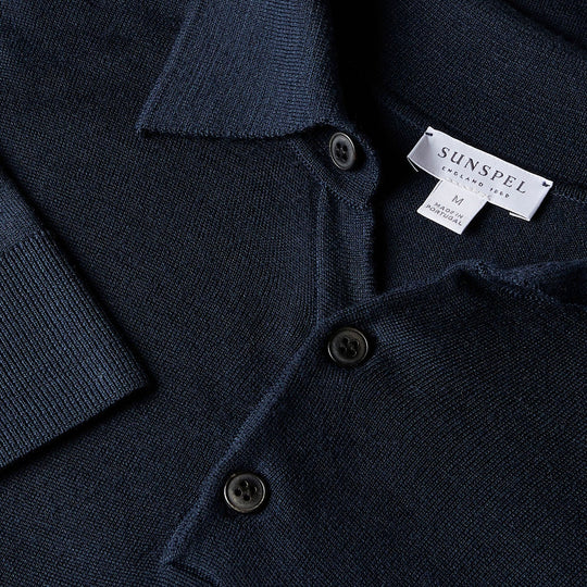 Navy Merino Long Sleeve Polo Shirt