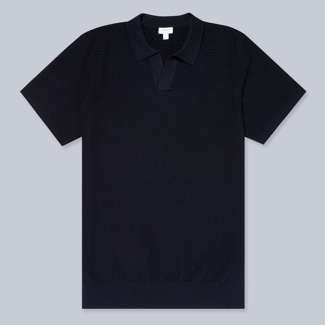 Navy Short Sleeve Open Textured Polo Shirt