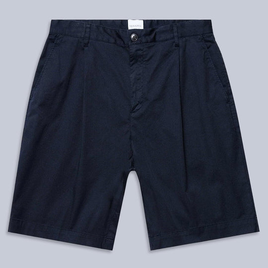 Navy Twill Cotton Pleated Shorts